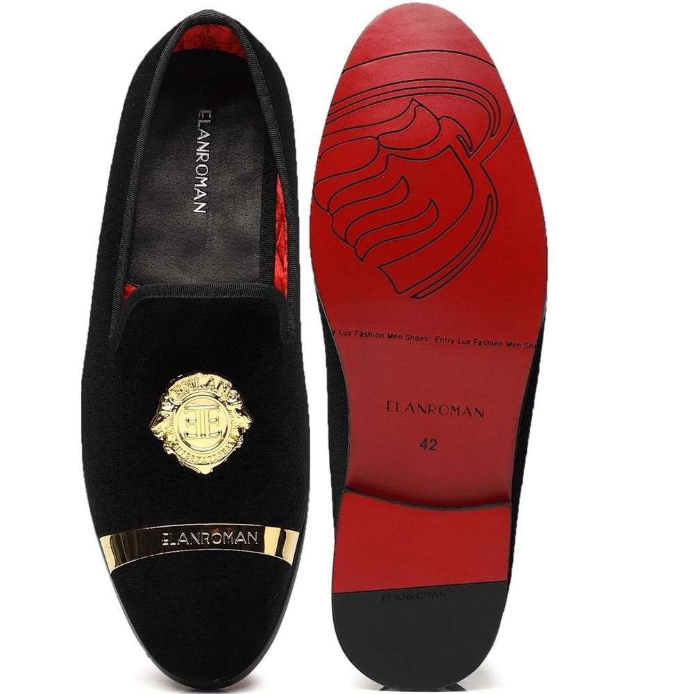 Elanroman Velvet Loafers Men 13 Black Gold Crest Red Bottom Dress Shoes 470